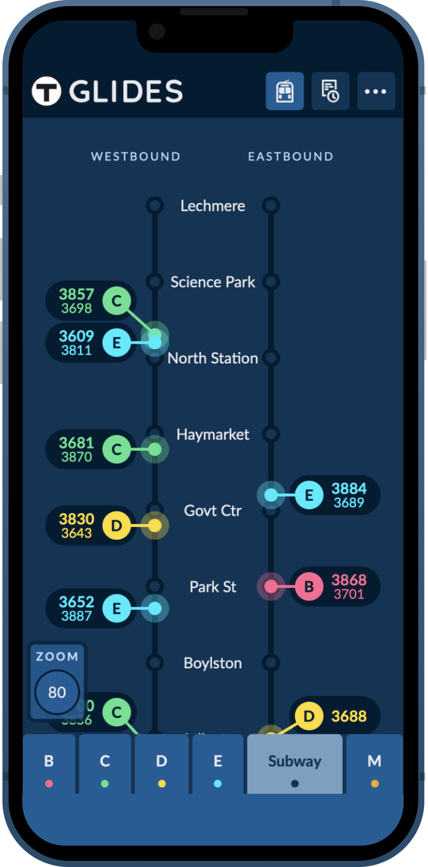 An iphone showing a minimalist map of train locations