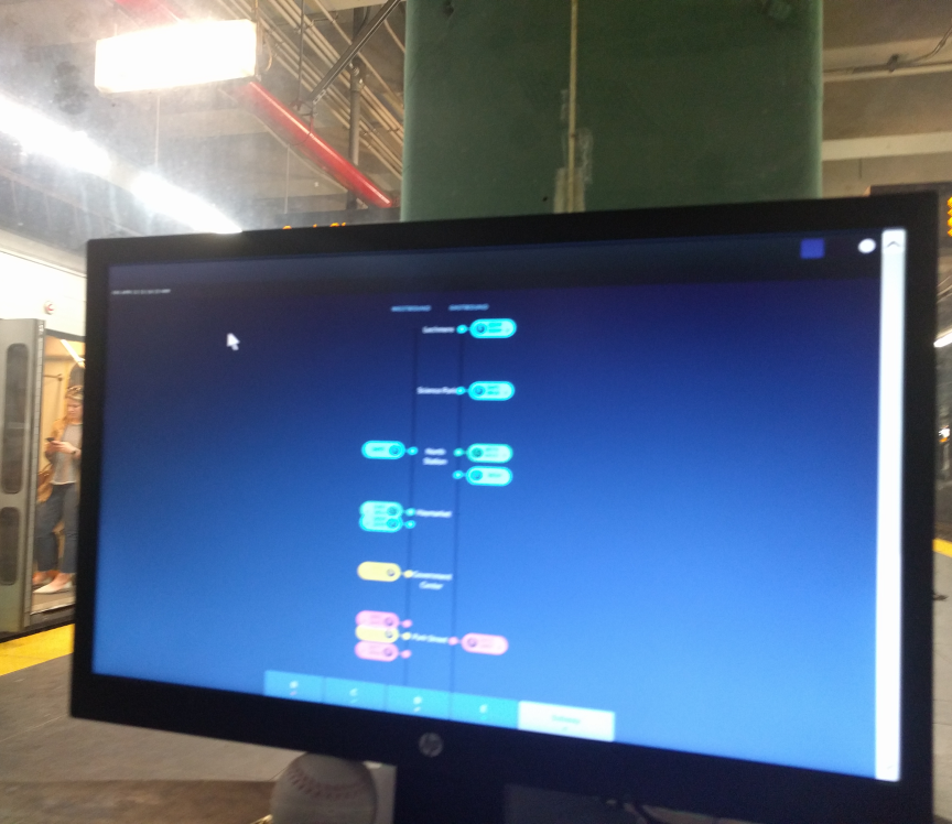 A monitor showing the Glides app set up in Kenmore station of the MBTA Green Line.