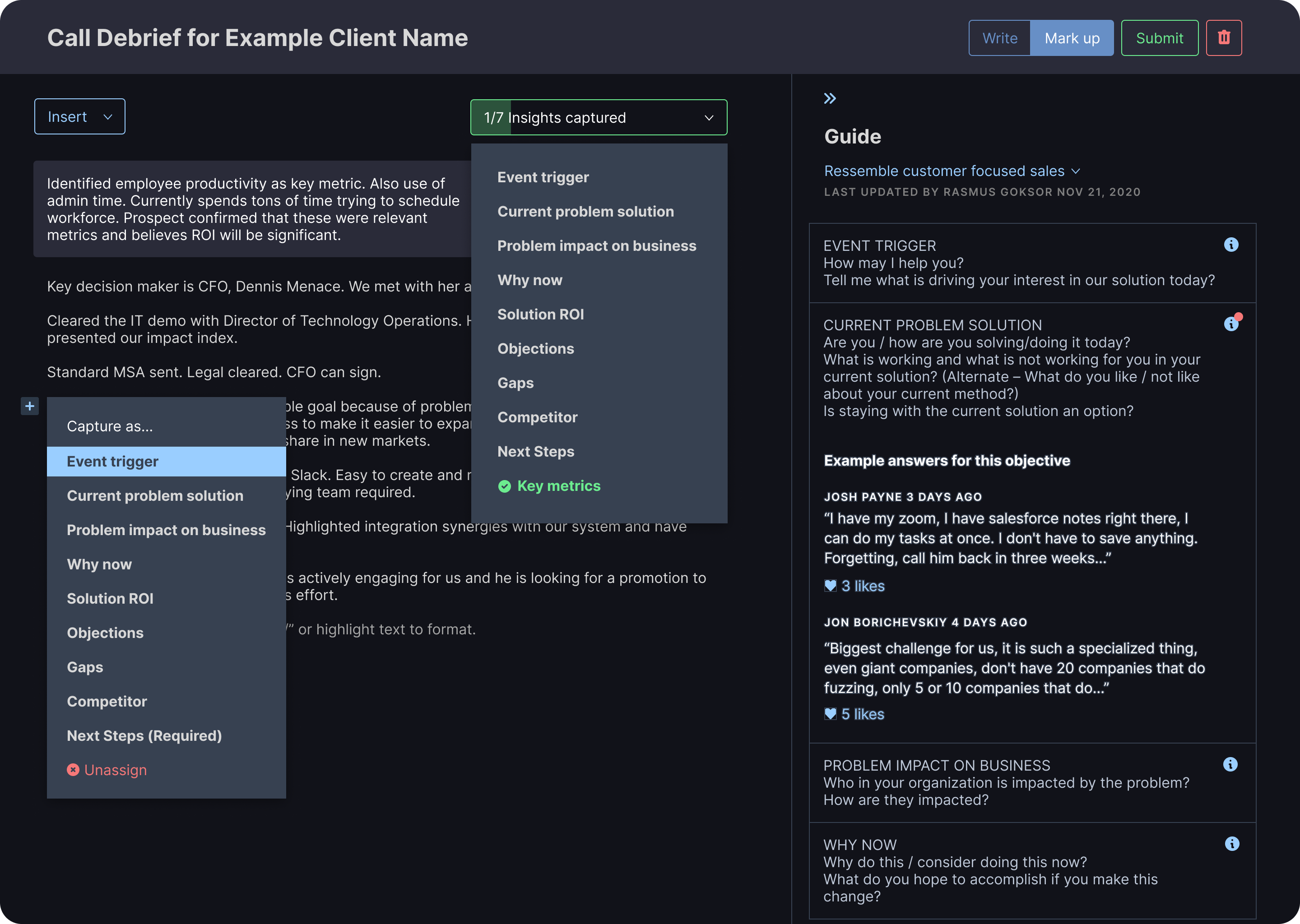 Customer debrief page after being filled out.