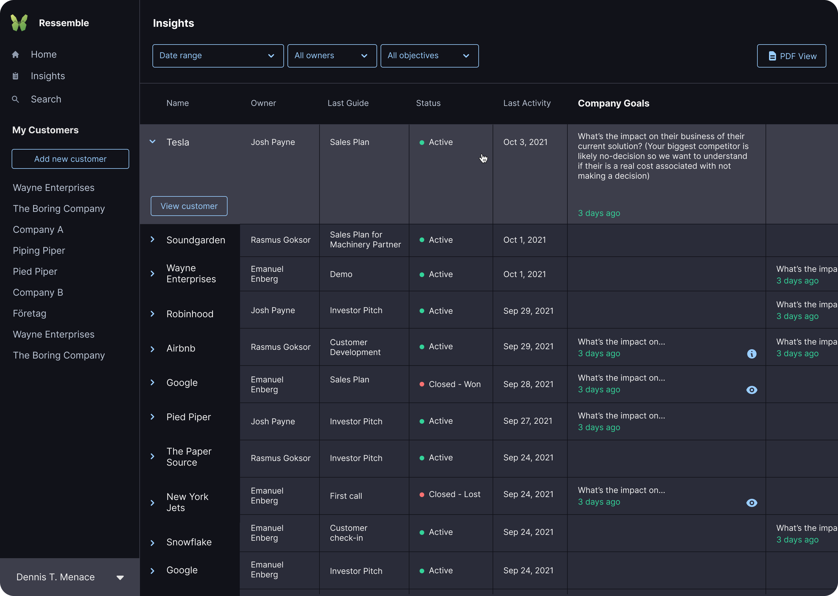 Customer debrief page after being filled out.