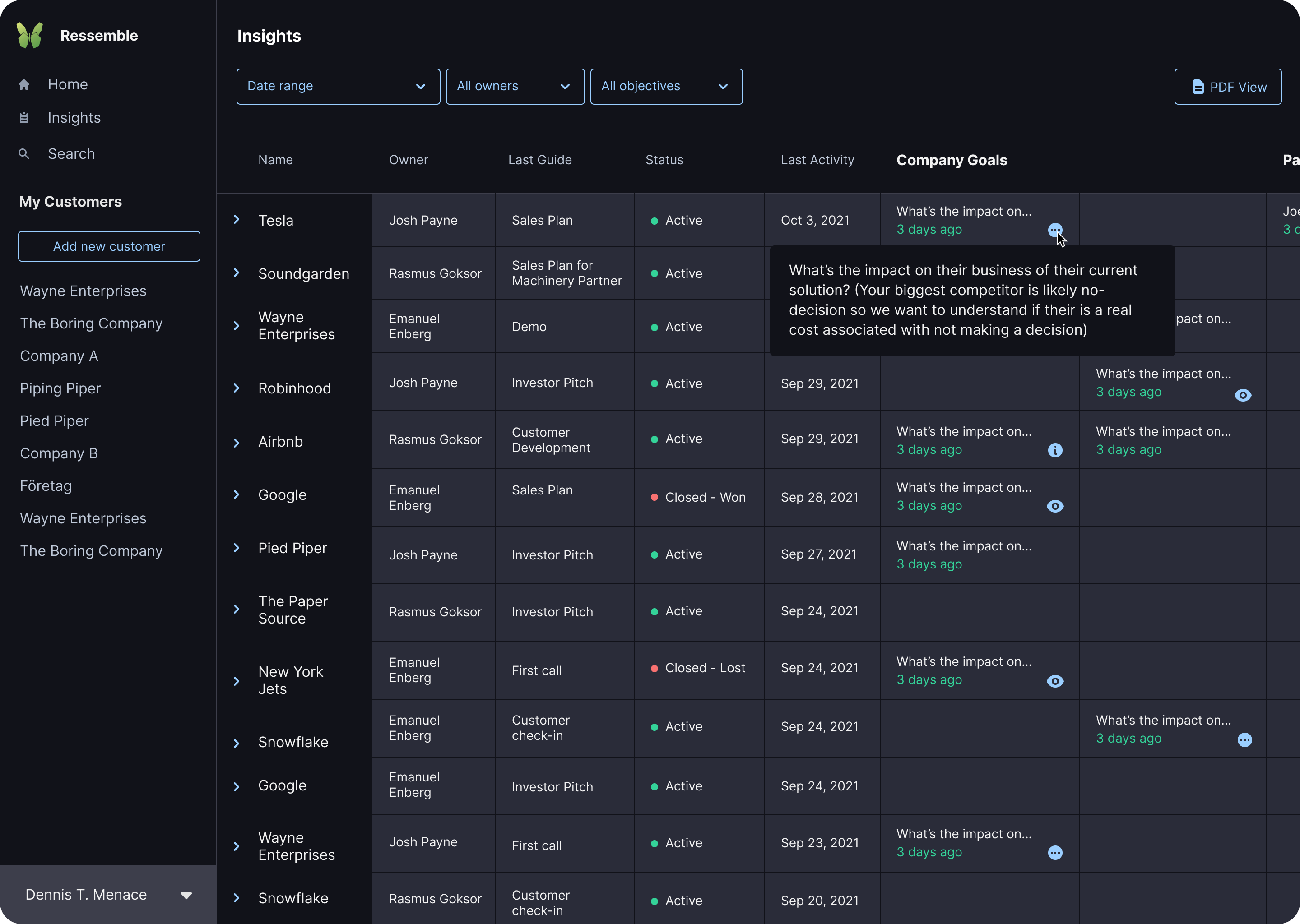 Customer debrief page after being filled out.