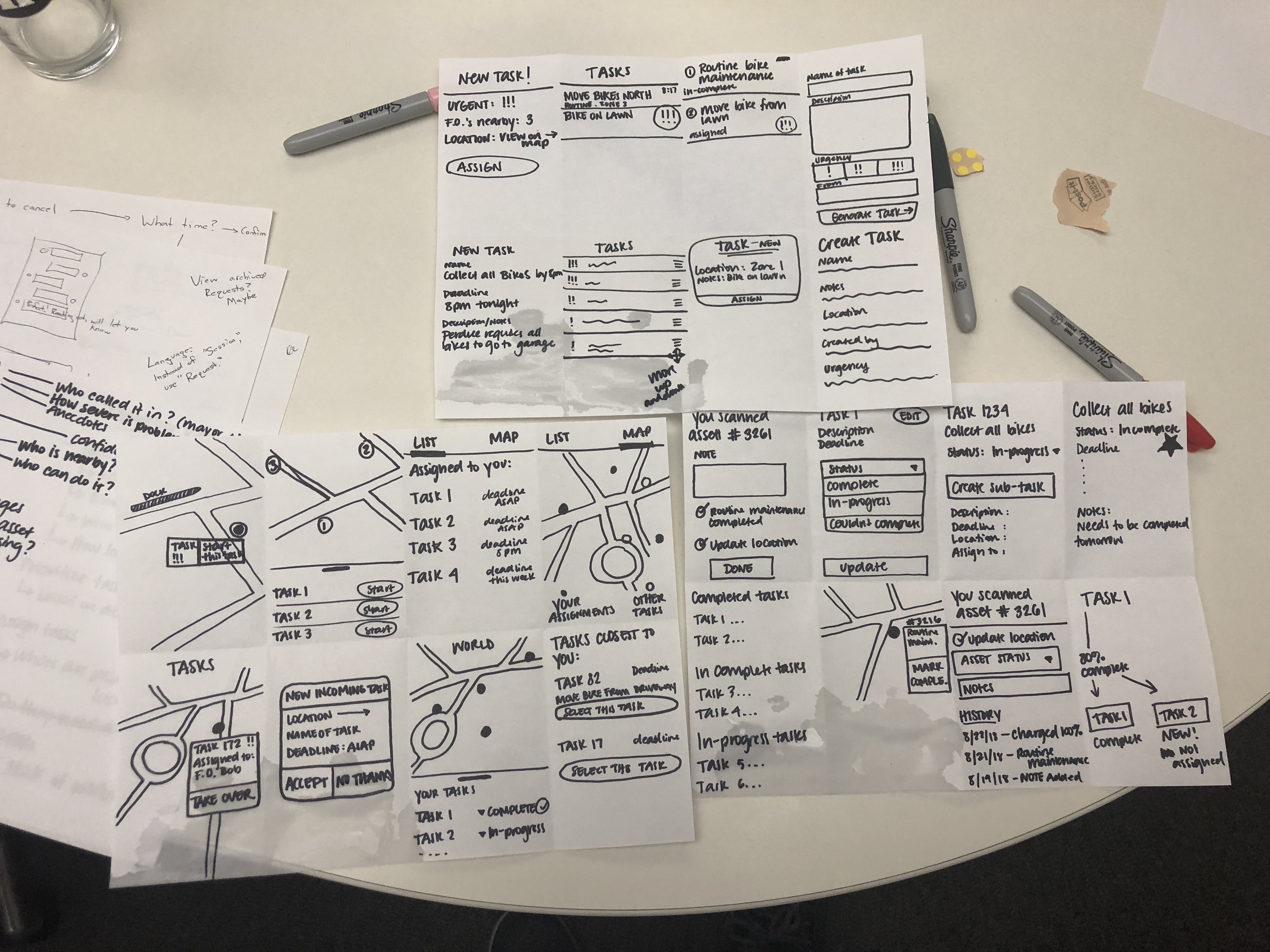 Sheets of paper with marker drawings of map UI